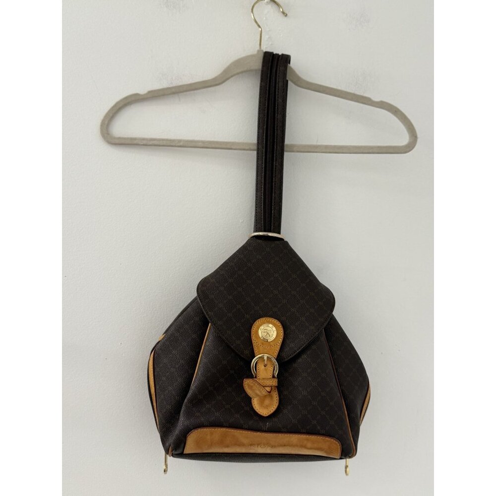 Rioni Signature Brown Monogram Zipper‎ Strap Leather Convertible BackPack